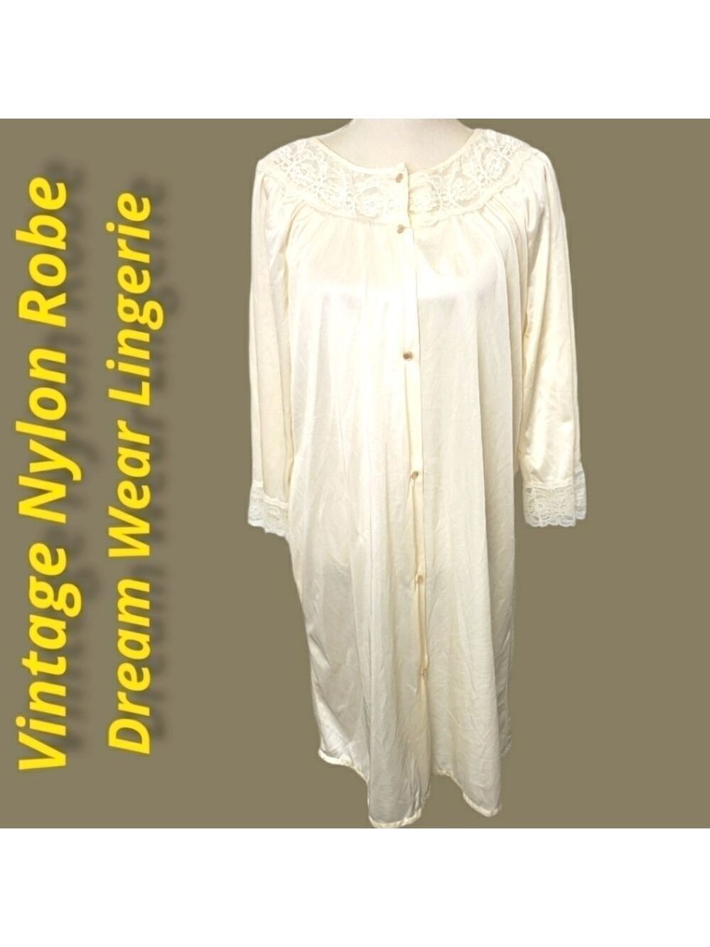 Vintage Dream Wear Lingerie Robe Nylon and Lace Button Up Ivory M EUC